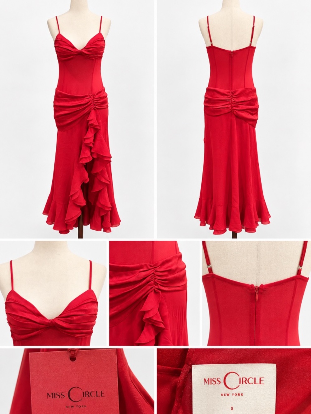 NWT Miss Circle Dahlina Red Ruched High Slit Maxi Dress